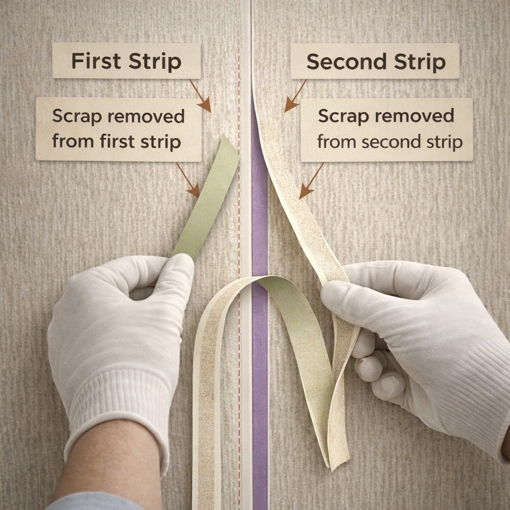 Wallpaper overlap and seam preparation for double cutting